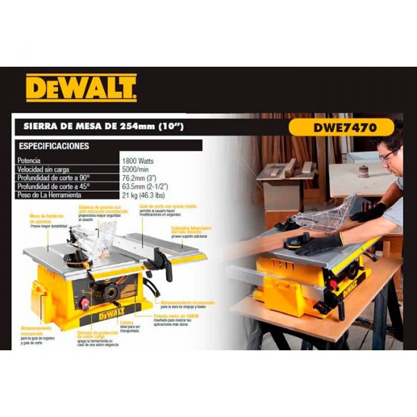 SIERRA DE BANCO DEWALT 10" 1800W 220V MOD.DWE7470 - Imagen 3