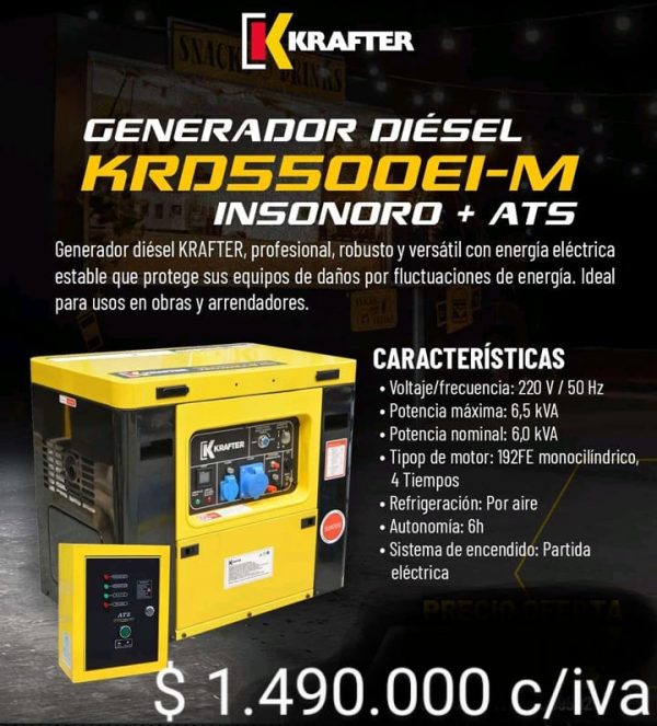 GENERADOR KRAFTER DIESEL INSONORO + ATS 6KW 220V MOD.KRD5000EI-M - Imagen 2