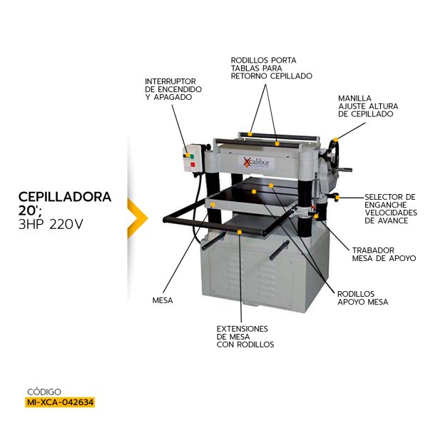 CEPILLADORA INDUSTRIAL XCALIBUR 20 PULGADAS 3HP 220V MOD.8330101 - Imagen 2