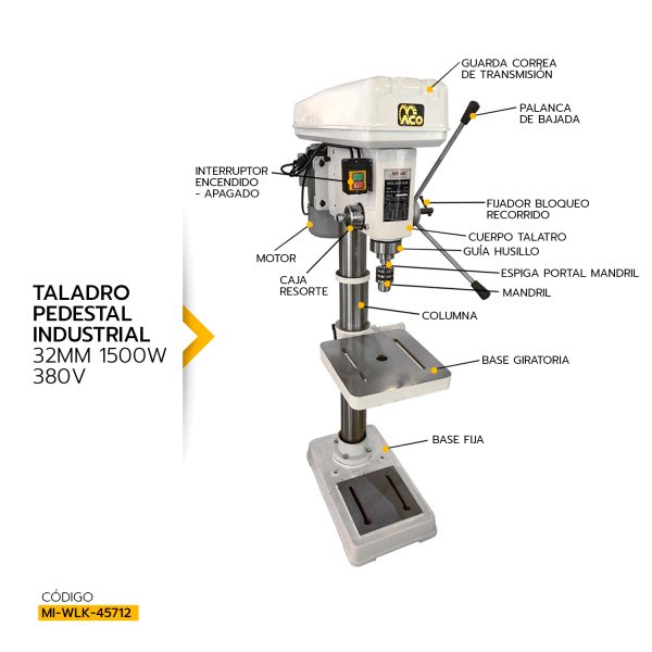 TALADRO PEDESTAL INDUSTRIAL WEST LAKE 32MM 1500W 380V MOD.JZ-32 - Imagen 4